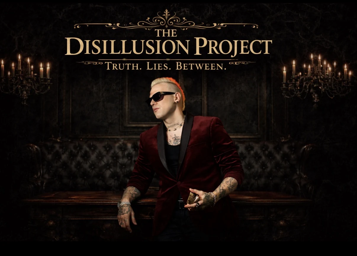 Joel Meyers in a burgundy jacket, candlelight behind him, beneath The Disillusion Project title