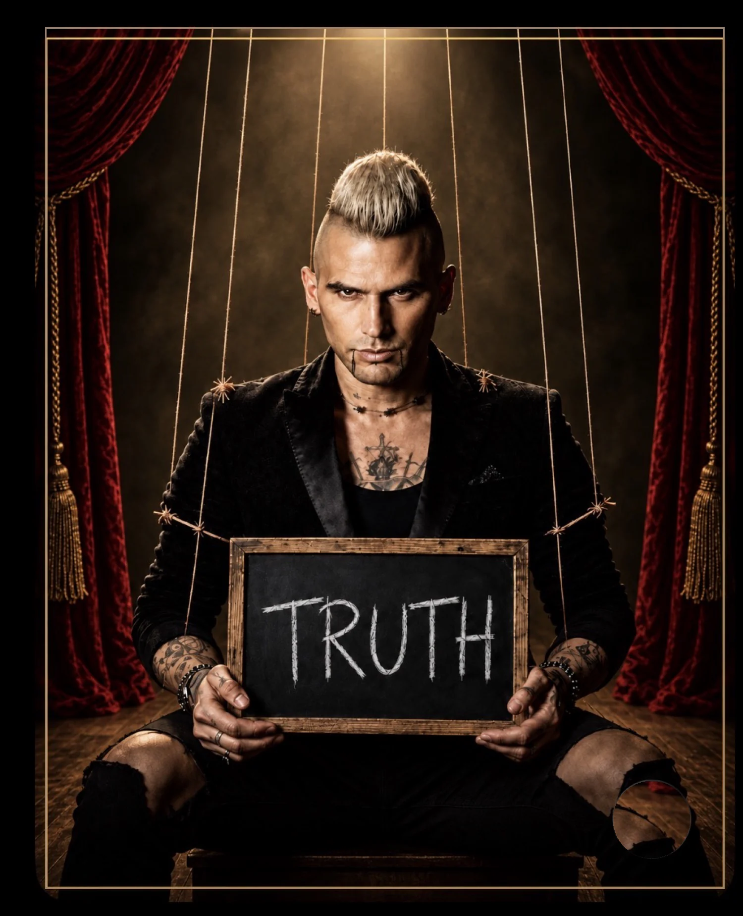 Joel Meyers holds a chalkboard that reads Truth, strings rising from his shoulders between red curtains